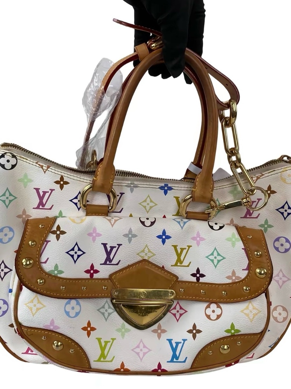 Louis Vuitton White Multicolor Monogram Canvas Handbag with Tan Trim Rita